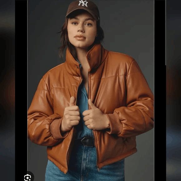 Anthropologie Brown Faux Leather Full Zip-Up Puffer Jacket Coat Women's L/XL - Picture 1 of 7